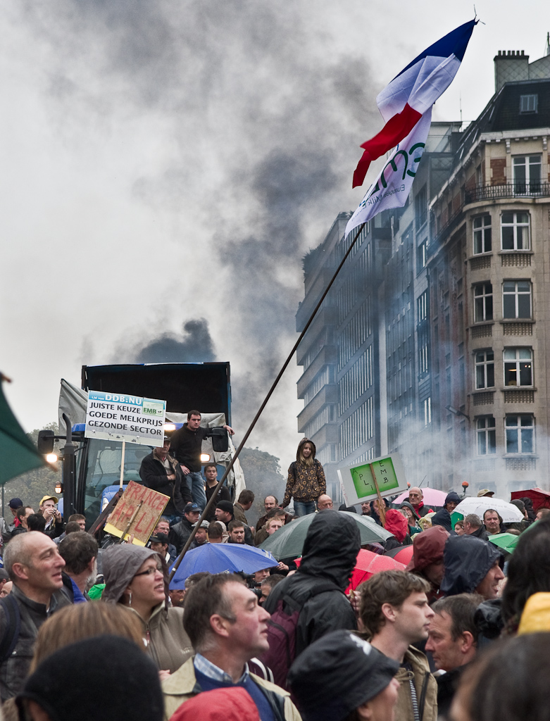 (c) Teemu Mäntynen About 1000 farmers from Belgium, France, Germany, Italy and other EU nations protested outside the EU Council building on 5th of October 2009. Then but more so now, farmers want regulation to shield them from volatile free markets that have collapsed milk prices.
