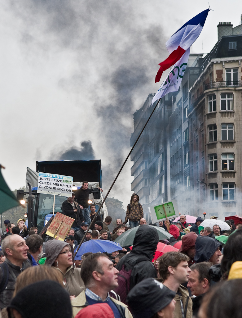 (c) Teemu Mäntynen  About 1000 farmers from Belgium, France, Germany, Italy and other EU nations protested outside the EU Council building on 5th of October 2009. Then but more so now, farmers want regulation to shield them from volatile free markets that have collapsed milk prices.