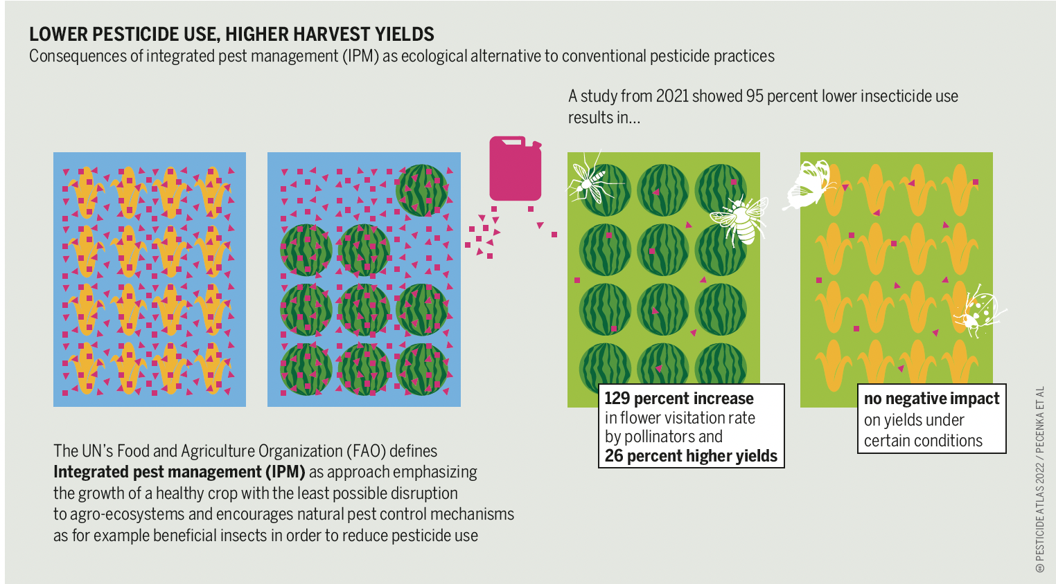illustration of lower pesticide use, higher harvest yields. 