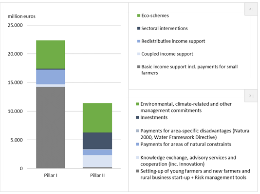 Figure 1: Budget allocation of interventions in Pillar I (P I) and Pillar II (P II) in million euros in Germany. Green measures are expected to contribute to the achievement of environmental and climate mitigation objectives, blue measures are partly expected to contribute, while grey measures are very unlikely to contribute to the achievement of environmental and climate mitigation objectives.
