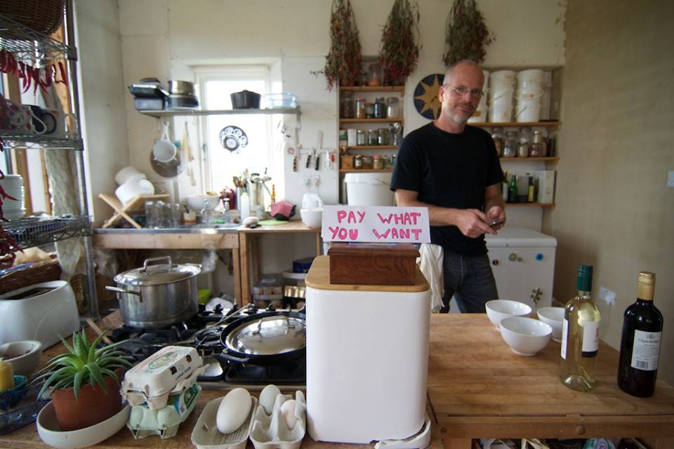 Bruce Darrell preparing one of his pay-what-you-want feasts, a multi course meal sourced form his RED (research Education Demonstration) gardens 